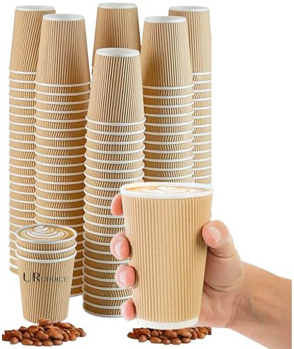 UR CHOICE, 100 x 12oz Brown Disposable Ripple Coffee Cups, Triple Wall Leak Proof Paper Cups, Insulated Paper Takeaway Cups for Hot & Cold Drinks