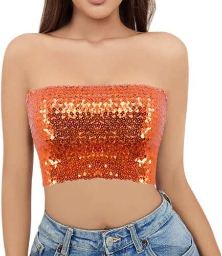 Naimo Damen Glitzer Pailletten Crop Top Schulterfreies Bandeau Tube Top Sparkle Trägerlos Tops Bluse Party Rave Oberteil