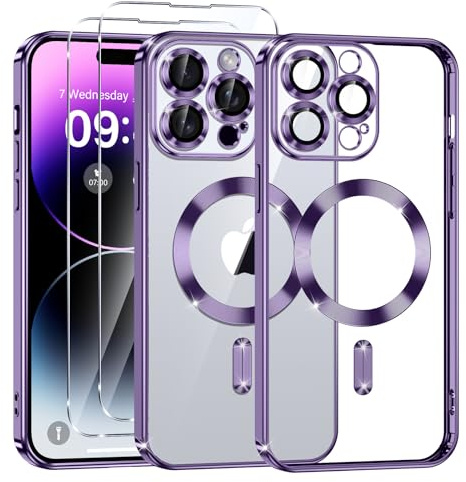 Phoona Cover Placcatura per iPhone 14 Pro Max 6,7 Pollici, Obiettivo per Fotocamera Protezione Completa e 2 × vetro temperato, Compatibile con MagSafe Ricarica Wireless, Protezione Militare, Viola