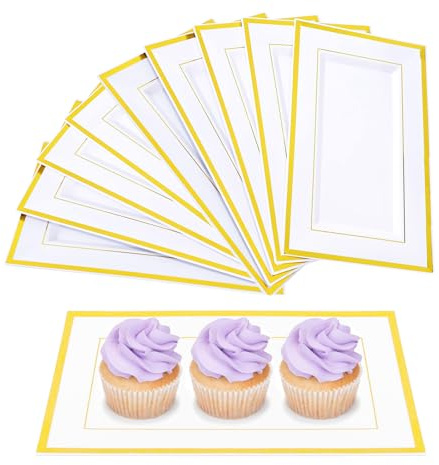 NAMYEUT 10 Unidades de Bandejas Decorativas de Plástico Blanco para Servir Comida, 33 x 20 x 1,5 cm, con Borde Dorado, Bandejas de Plástico Rectangulares para Aperitivos, Catering