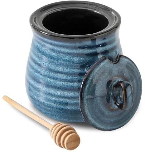 Tikooere Ceramic 12 Ounce Honey Jar and Dipper Set,Porcelain Honey Pot with Lid and Wooden Dipper,Cute Honey Containers for Party,Holiday,Halloween Favors,Farmhouse Kitchen Decor,Dishwasher Safe,Blue