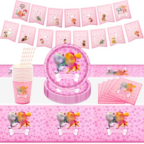 52 Stück Dog geburtstag deko Partygeschirr Set, Rosa Geschirrset mit Party Pappteller Becher Servietten Tischdecke Trinkhalme Kindergeburtstag Geburtstagsdeko