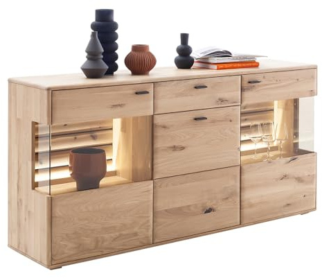 Lomadox Sideboard Vitrinenschrank mit Beleuchtung in Eiche massiv geölt