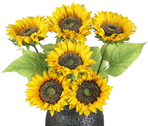Olrla Lote de 6 girasoles artificiales de tallo largo - Amarillo - Para centro de mesa, arreglo de bricolaje, decoración de cabaña vintage (sin jarrón)