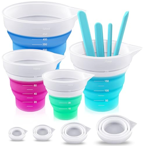 GZLCEU 4 vasos de silicona, 50 ml/100 ml/250 ml/500 ml, vaso medidor de silicona con 4 varillas de silicona para manualidades, laboratorio, cocina