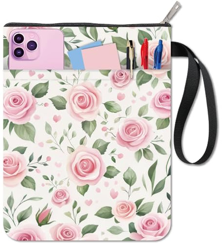 craspire 11x8.6 Zoll Buchhülle Mit Rosa Rosen Und Blumen Buchumschläge Taschenbücher Waschbarer Stoffbeutelgriff Mit Reißverschluss Zusätzliche Vordertasche Für Buchliebhaber Leser Notizbuchumschläge