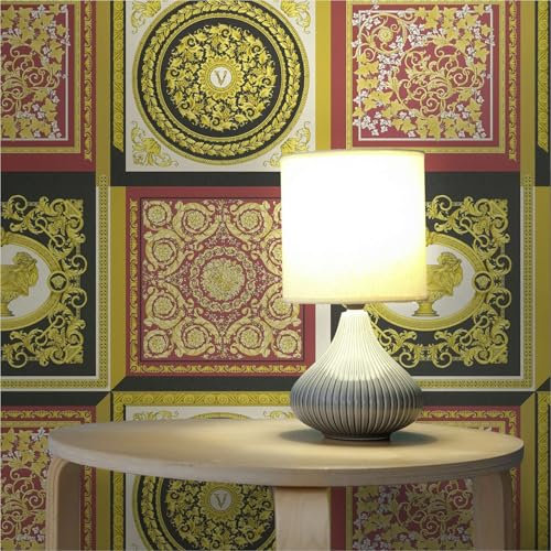 TADESSI Papier peint intissé - Aspect baroque M1 - No.11536 - Doré, rouge, blanc, noir - Papier peint design pour salon, chambre à coucher, cuisine