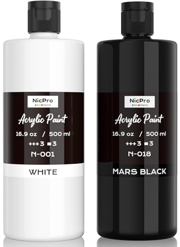 Nicpro White & Black Large Acrylic Paint (16.9 oz, 500 ml), Rich Pigments, Non Toxic Craft Paint for Multi Surface, Canvas, Wood, Leather, Ceramic, Fabric - Art Painting Supplies for Kids & Adults