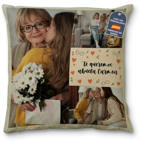 LolaPix Cojín Personalizado con Foto. Cojines Personalizados con Foto. Regalos Originales para Mujer. Cojin Molon. Regalos para Abuelos Primerizos. Cojín Collage Varias Fotos Abuela 40x40cm Lino