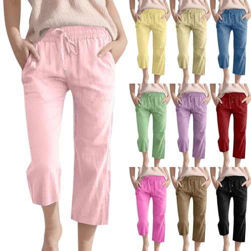 Mädchen Caprihose Leinenhose mit Gummibund Kinder 3/4 Hose Sommerhose Einfarbig Sporthose Baumwolle Leinen Capri Hosen Kordelzug Lässige Jogginghose (Pink-2, 10-11 Years)