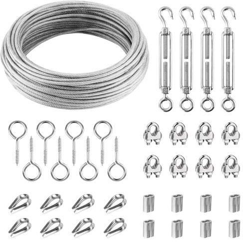 Drahtseil 3mm/20M - Stahlseil mit Ösen, M5 Seilspanner Edelstahl, Ösenschraube, Drahtseilklemme und Kauschen, Aluminiumhülsen - Drahtseil Rankhilfe für Kletterpflanzen, Seilspanngarnitur für Gardinen