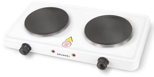 Grunkel - Hornillo eléctrico con 2 placas de 15,5 y 18,5 cm - EHP-218 - Cocina Eléctrica portátil ideal para Caravanas, Camping o Cocinas Pequeñas. Apta para todas las sartenes –1000W + 1500W– Blanco