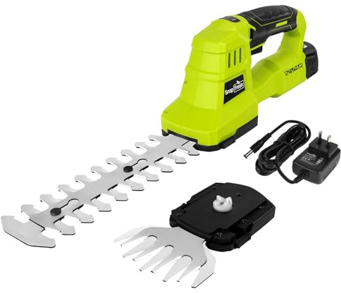 SnapFresh 12 V Tagliasiepi e Cesoia per Erba a Batteria, 2 in 1 con Batteria da 2,0 Ah e Caricabatterie, Lama Tagliasiepi da 200 mm e Lama per Erba da 100 mm, Leggera per Giardino e Prato