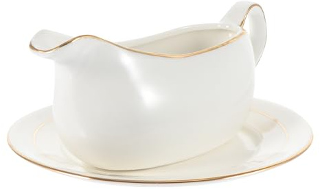 VOSAREA Ceramic White Steak Gravy Boat with Gold Rim Practical Sauce Jug and Condiment Bowl for Serving Salad Dressings and Sauces, Simple Style Tableware for Home and Restaurant Use
