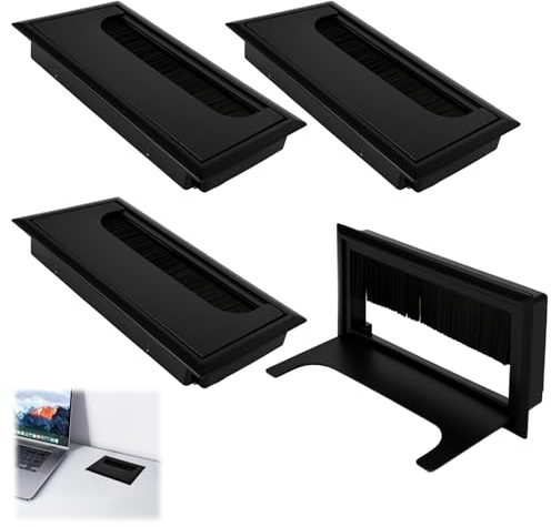 4 Unidades Pasacables De Escritorio 80 X 160 Mm Negro Anodizado De Aluminio con Cepillo Flexible Y Tapa Abatible Organizador De Cables para Mesa De Oficina, Escritorio O Muebles Solución