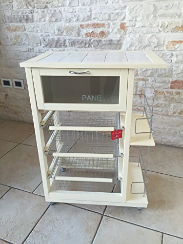 CARRELLO CON CASSETTO PORTAPANE PIù PORTABOTTIGLIE PIù CESTELLI PORTAFRUTTA LEGNO MASSELLO VARIE FINITURE (LACCATO AVORIO)
