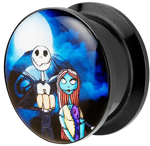 Piersando Ohr Plug Piercing Kunststoff Motiv Comic Picture Flesh Tunnel Ohrplug mit Jack & Sally Schwarz Blau