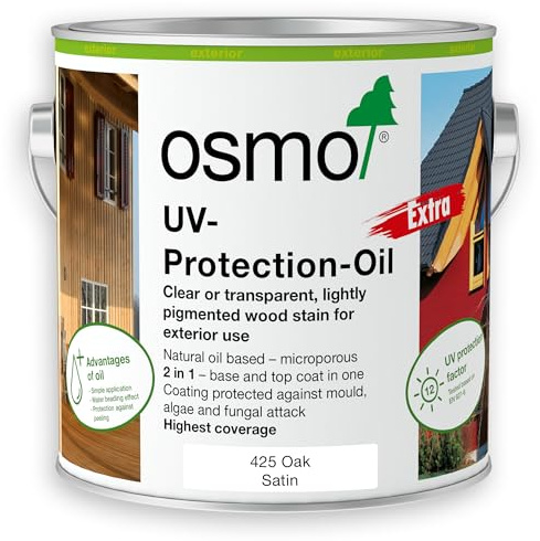 Osmo UV Protection Oil Extra 425 Oak Satin 2.5L – Natural Oil-Based Wood Finish for Exterior Cladding & Vertical Timber – Microporous Protection – Water & Dirt Repellent