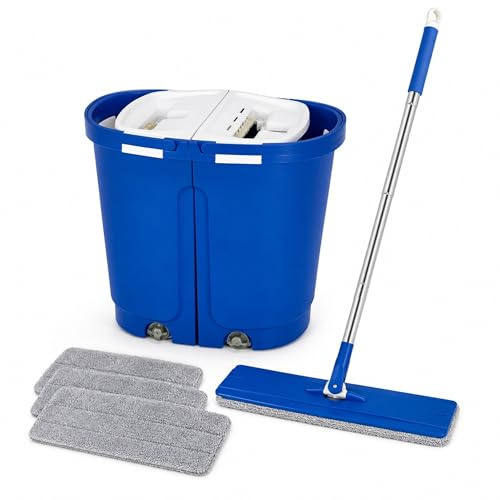 AquaBlade Flatmop Set mit 2-Kammer Eimer, Wischmop Bodenwischer mit Edelstahl-Stiel, WASH & Dry System, 3 Mikrofaserbezüge, Flacher Mop für Fliesen Laminat Vinyl Parkett, Blau