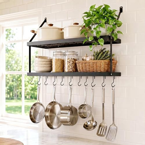KES Küchenregal Doppel Pfannenhalter Küchenutensilienhalter Küche Pfannenhalter Hängeregal Pfanne Wandregal Pfannenhänger 75cm Wandmontage Matt Schwarz, KUR218S75B-BK