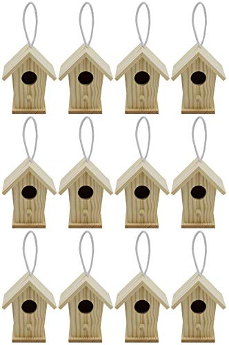 Creative Hobbies 12-Pack of Mini Wooden Bird Houses to Paint, with Hanging Cords, Unfinished DIY Design Your Own Great for Crafts, Weddings, Bible Camp and More!