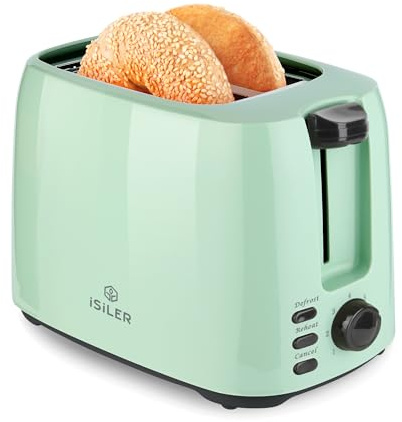iSiLER 2 Slice Toaster, 1.3 Inches Wide Slot Bagel Toaster with 7 Shade Settings and Double Side Baking, Removable Crumb Tray, Defrost Cancel Function Green