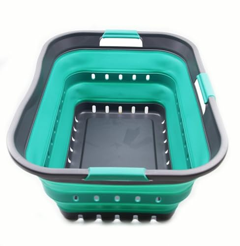 SAMMART 42L Collapsible Plastic Laundry Basket - Foldable Pop Up Storage Container/Organizer - Space Saving Hamper/Basket (1, Grey/Turquoise Blue)