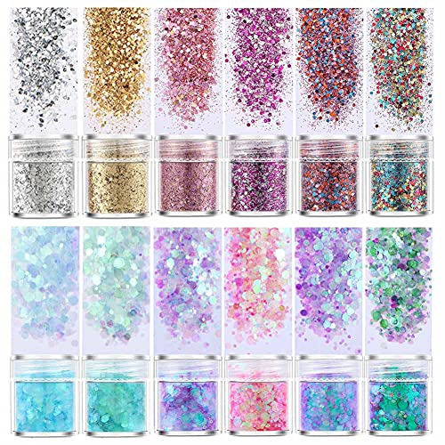 Jatidne 12 Colors Chunky and Fine Glitters for Resin, Craft, Wax Melt, Nail