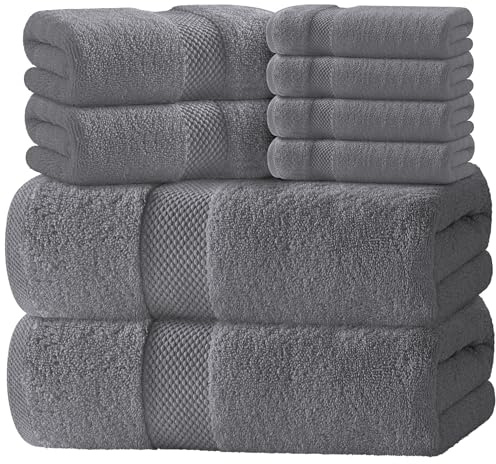 White Classic Set di 8 asciugamani grigio antracite in cotone egiziano, 2 asciugamani da bagno grandi, 2 asciugamani spessi, 4 asciugamani per il viso, asciugamani da bagno super assorbenti ad