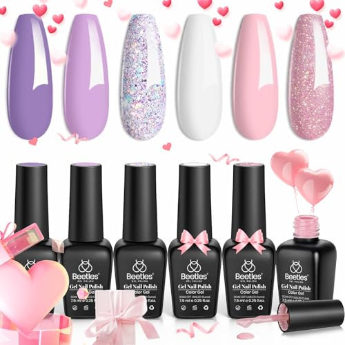Beetles 6 Colors Gel Nail Polish Kit, Romantic Garden Pink Purple Glitter Gel Polish Milky White Soak Off Nail Lamp Cured Nail Art Gift Box DIY Manicure