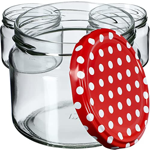 KADAX Lot de 10 bocaux à confiture avec couvercle à visser - 330 ml - Bocaux de conservation pour confitures, confitures, miel - Avec couvercle à visser (pois rouges)