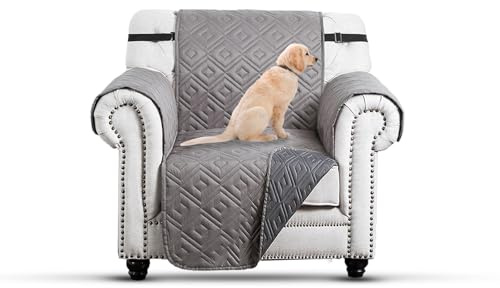 Moonlight Bedding Reversible Chair Covers Water Resistant Sofa Cover for Living Room 1 Seater Sofa Slipcovers Quilted Pattern Sofa Protectors from Pets with Elastic Strap (Chair, Light Grey/Dark Grey)