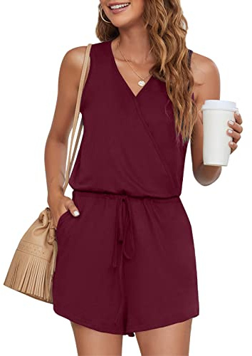 Leezepro Combinaison d'été élégante et décontractée pour femme - Col en V - Combinaison courte - Couleur unie, rouge, L