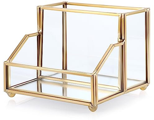 SUMNACON Gross Goldene Visitenkartenhalter mit Stiftholder Glas Metall Visitenkartenständer für Karten Visitenkartenbox Stiftbecher Aufbewahrung Visitenkarten Stift Büroartikel Schreibtisch Büro