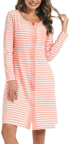 Marvmys Women's Long Nightgown Cotton Nightdress Stripe Nightshirt Long Sleeve V Neck Sleep Dress Soft Ladies Relaxed Nightshirt Sleepwear Pink L