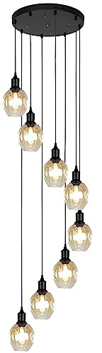 TPMAFF Vintage 8-Lumières Lustres Spirale Haut Plafond Pendentif Éclairage Champagne Verre Abat-Jour Dôme Lustre pour Foyer Entrée Escalier Plafonnier