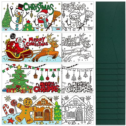 Tenare 16 Weihnachtskarten zum Ausmalen Weihnachten Grußkarten Weihnachtsmann Schneemann Weihnachtsbaum Elch Weihnachtliche Postkarten mit 16 Umschlägen Weihnachtskarten Bastelset für Kinder, 4 Stile
