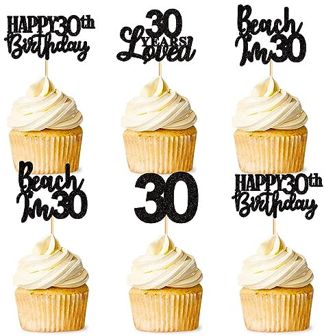 Blumomon 24 Pack Happy 30th Birthday Cupcake Toppers - Black Glitter '30 Years Loved' Picks for Anniversary Party Cake Decorations Supplies