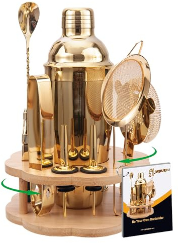 JWJIUEJIU Cocktail Shaker Set Bartender Kit with Rotatble Bamboo Stand,11 Piece Bar Set Stainless Steel Bar Accessories for Drink Mixing, Bar, Home, Party (Gold)