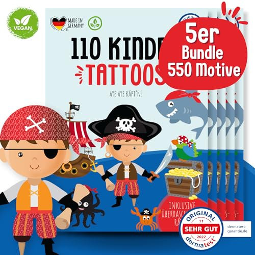 MeinBaby123® 550 hautfreundliche Piarten Kindertattoos | Hauttattoos Piraten | Kindertattoos zum Aufkleben | Piratenparty | Mitgebsel Kindergeburtstag Jungs - vegan & made in Germany (5x Piraten)