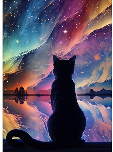 EOBROMD 5D Cat Diamond Painting Kits for Adults, Full Round Drill Starry Sky Diamond Art Crystal Rhinestone Art Craft for Home Decor Gifts 30x40cm