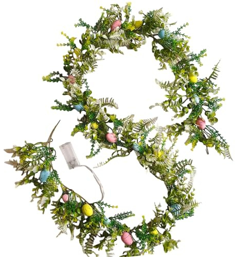 MagiDeal Easter Wreaths for Front Door Easter Garland Hanging Garland Green Leaves Twist Swag with Easter Eggs Wreath Easter Decorations for Tree Birthday Home Window Mantle