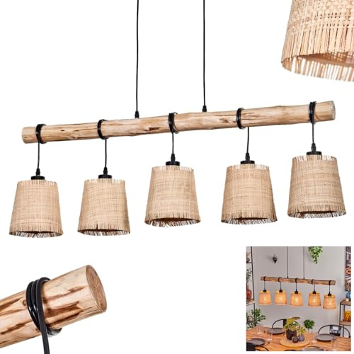 Pendant Light Soungou, Modern Pendant lamp Made of Wood/Metal/Bast in Natural/Black/Beige, 5-Light Pendant lamp in Scandinavian Design, Height max. 143 cm, 5 x E27, Without Bulbs