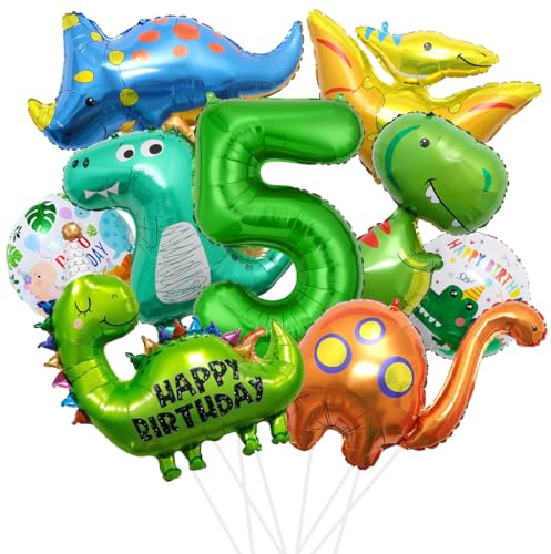 XXL 5 år gammal dinosaurie-födelsedagsdekoration, folieballong, dinosaurie, gröna ballonger, nummer 5-ballong för barnfest