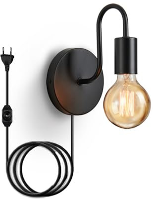 Lightess Lampada da Parete Interni con Dimmerabile Interruttore e Spina, Applique da Parete Vintage Industriale E27 Applique Muro Metallo per Corridoio Soggiorno Nero