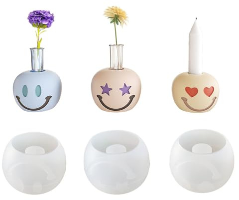 JS MOLD 3 Stück Smiley Silikonform Kerzenhalter, Weihnachten Silikon Gießform Kerzenhalter Silikonform,silikonformen gießformen für Beton Gips DIY Kerzen