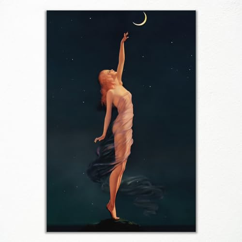 Vintage Moon Wandkunst, Edward Mason Eggleston 1933, Ölgemälde-Reproduktion, berühmte Frau, Fantasy-Kunst, Leinwand, Gothic-Dunkle Akademie, antikes Druckposter, mädchenhafte Wandkunst, 40,6 x 61 cm,