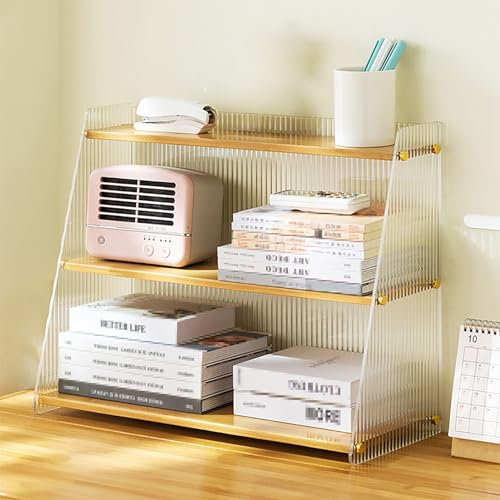 JIAOCKJIAO Tischregal aus Transparentes Acryl, Desktop Bücherregal aus Bambus, 3-stufiges Schreibtischregal, Schreibtisch Organizer Regal, Schreibtisch Bücherregal, for Heimdekoration, Büro(Natural,20