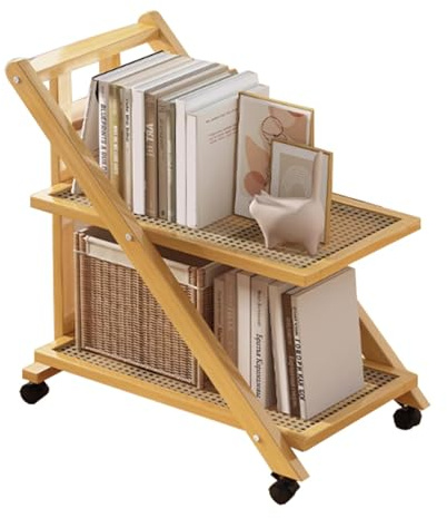 CUXAHO Rattan Beistelltisch, Klappbar Tablett Tisch Sofatisch mit Rollen,mobiler Couchtisch Kaffeetisch, Wohnzimmertisch,Nachttisch Stauraum für Schlafzimmer, Wohnzimmer(50x32x57cm)