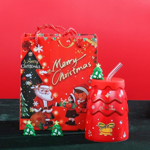 Liemuao Geschenkset Kaffeetasse Weihnachten 400 ml, Weihnachtsbecher in Tannenform mit Deckel und Strohhalm, süße Keramiktasse für Kinder & Erwachsene (Rot)